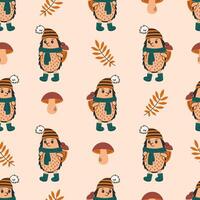 Hedgehog and Fungi Fall Seamless Pattern vector