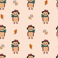 Owl and Leaf Fall Seamless Pattern vector