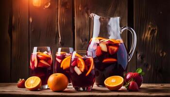Homemade red wine sangria with orange, apple, strawberry and ice in pitcher and glass on rustic wooden background photo