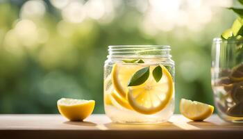 lemonade in jar with fresh lemon sliced photo