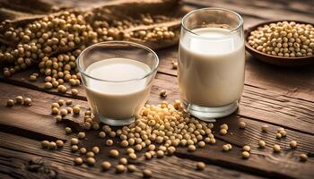 Soy milk in glass with soybeans on wood table photo