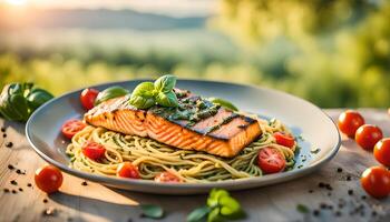 Spaghetti pesto with grilled salmon - Italian food style photo