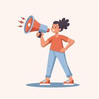Speaker with megaphone, loudspeaker. Person with megaphone in hand, announcement, call, advertisement, information. Illustration vector