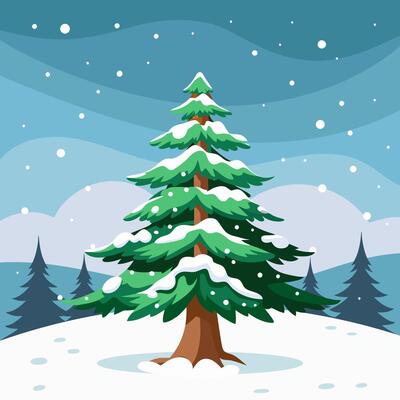 Winter landscape, snow-covered spruce tree in winter forest. Holiday illustration in flat style