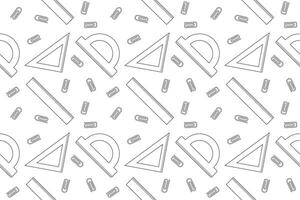 Black and white seamless pattern featuring rulers, protractors, triangles, and paper clips. Ideal for back-to-school themed coloring activities. vector