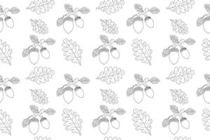 Seamless pattern of acorns and oak leaves in black and white. Ideal for coloring pages, autumn designs, and craft projects. vector