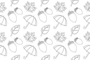 A charming autumn-themed coloring page featuring umbrellas, acorns, and leaves. Perfect for seasonal coloring fun and relaxation. vector