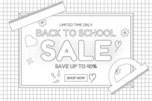 Monochrome back-to-school sale banner designed as a coloring page, featuring doodles, rulers, and creative elements on a grid background. vector