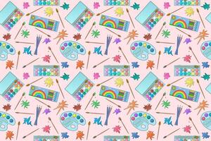 Seamless pattern with colored pencils, paint palettes, brushes, and fall leaves. Perfect for back-to-school designs. vector