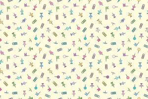 Colorful seamless pattern featuring various stationery items such as pushpins, paper clips, and flags. Perfect for back-to-school designs. vector