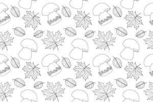 Coloring page with autumn leaves and mushrooms in black and white outline, perfect for fall creativity. vector