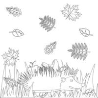 Cute hedgehog in a field with autumn leaves for coloring. Perfect for kids creative activities and fall-themed projects. vector