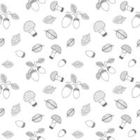 A seamless pattern featuring oak leaves, acorns, and mushrooms in a simple outline design perfect for coloring activities. vector
