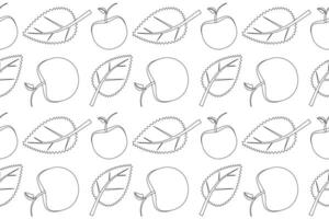 Coloring page featuring a seamless pattern of apples and leaves in a black and white outline, perfect for autumn creativity. vector