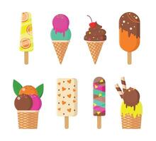 A set of different types of sweet ice cream. Ice cream in a cup, in a cone, on a stick and fruit ice. vector