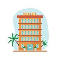 A comfortable modern hotel with palm trees in the background. vector