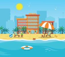 Beach holiday. The beach against the backdrop of a comfortable hotel with palm trees. vector