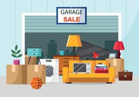 Garage sale concept. Set of different items and furniture. vector