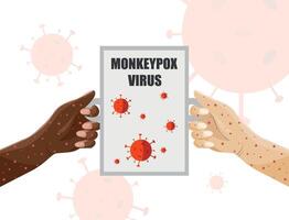 Banner about monkeypox virus. Warning about the virus. People's hands are covered with rash. vector