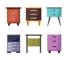 Set of bedside tables in a modern design. Bedside tables with shelves. Different styles. vector