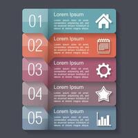 Infographics design template with five elements, text boxes with numbers and icons vector