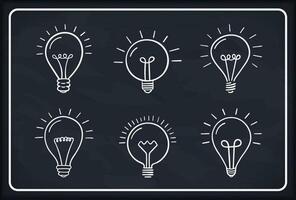 Set of 6 hand drawn lightbulbs on blackboard background, idea, solution concept vector