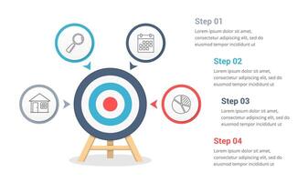 Target with four elements for your text, three steps to your goal, infographic template vector