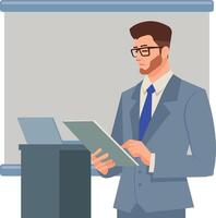 Smart young business man hand pointing on document presenting with empty space backdrop screen flat design illustration vector