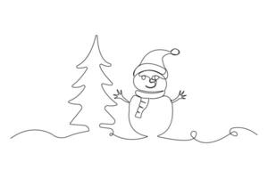 Hand-drawn snowman with tree continuous line art drawing. Festival concept background in doodle style vector