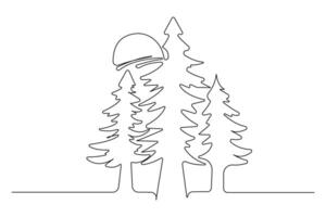 Hand-drawn trees with sun view landscape continuous line art background. vector