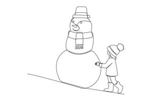 Little girl playing with snowman continuous line art drawing. vector