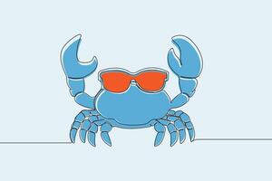 Crab wearing sunglasses continuous line art. Crab cartoon character in doodle style. vector