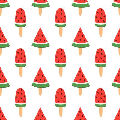 Seamless pattern with Ice cream watermelon on stick. Summer time sweet food background. Fruit Wallpaper. Flat illustration.