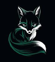 a black and green picture of a black and white cat with a green tail. vector