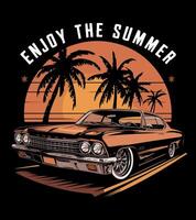 a black and orange image of a car with palm trees in the background. vector