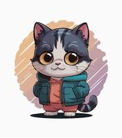 a drawing of a cat with a jacket that says cat on it vector