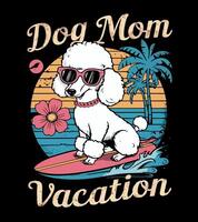 a dog is sitting on a surfboard with a palm tree in the background. vector