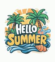 a colorful t-shirt for hello summer is shown with palm trees. vector