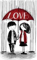a drawing of a couple holding an umbrella that says love on it. vector