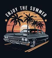 a black and white photo of a car with palm trees in the background vector