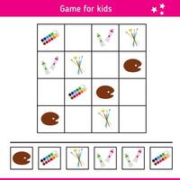 Sudoku with Paints and Brushes. Children's Educational Game, Logical Task. Riddle, Quiz for Kids. vector