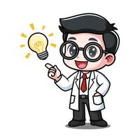 Cute Scientist Cartoon Character Having Idea With Lightbulb vector