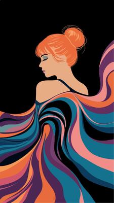 a woman with a pink hair is in a colorful dress.