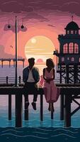 a couple sit on a bench in front of a sunset. vector