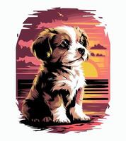 a dog sits in the water with a sunset in the background. vector