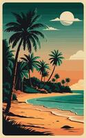a poster for a beach scene with palm trees and the ocean in the background. vector