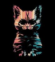 a cat with a colorful face is in a black background. vector