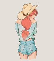 a drawing of a girl with a hat and a shirt that says cowboy vector