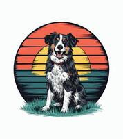 a dog sits in the grass with a rainbow in the background vector
