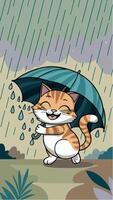 a cartoon cat with an umbrella in the rain. vector